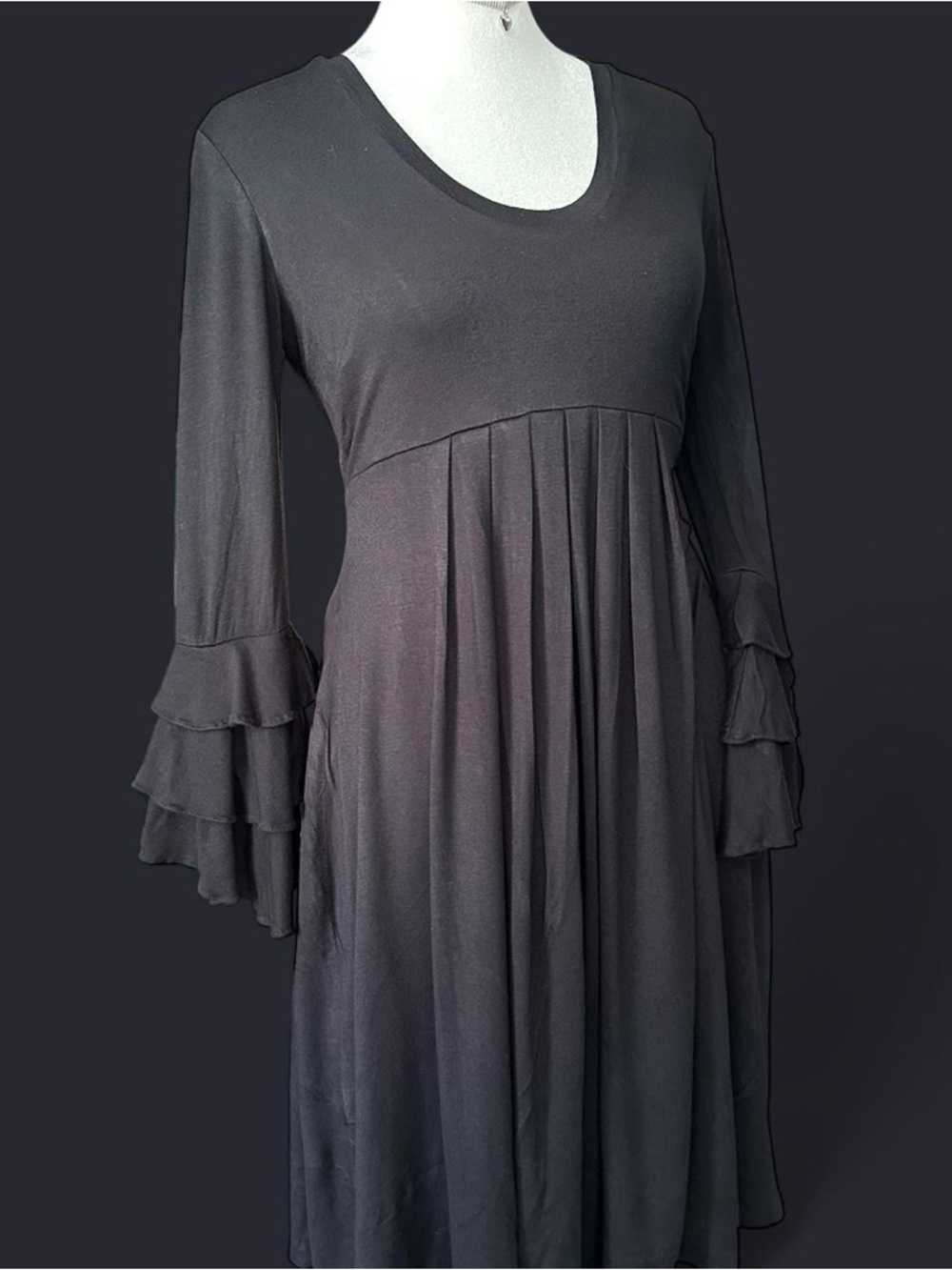 Cache Black Long-Sleeve Tiered Bell-Sleeve Midi Dress